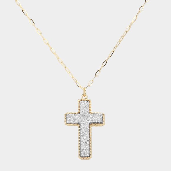 Modcloth Jewelry - NEW Silver Druzy Stone Sparkle Cross Gold Dipped Natural Stone Necklace